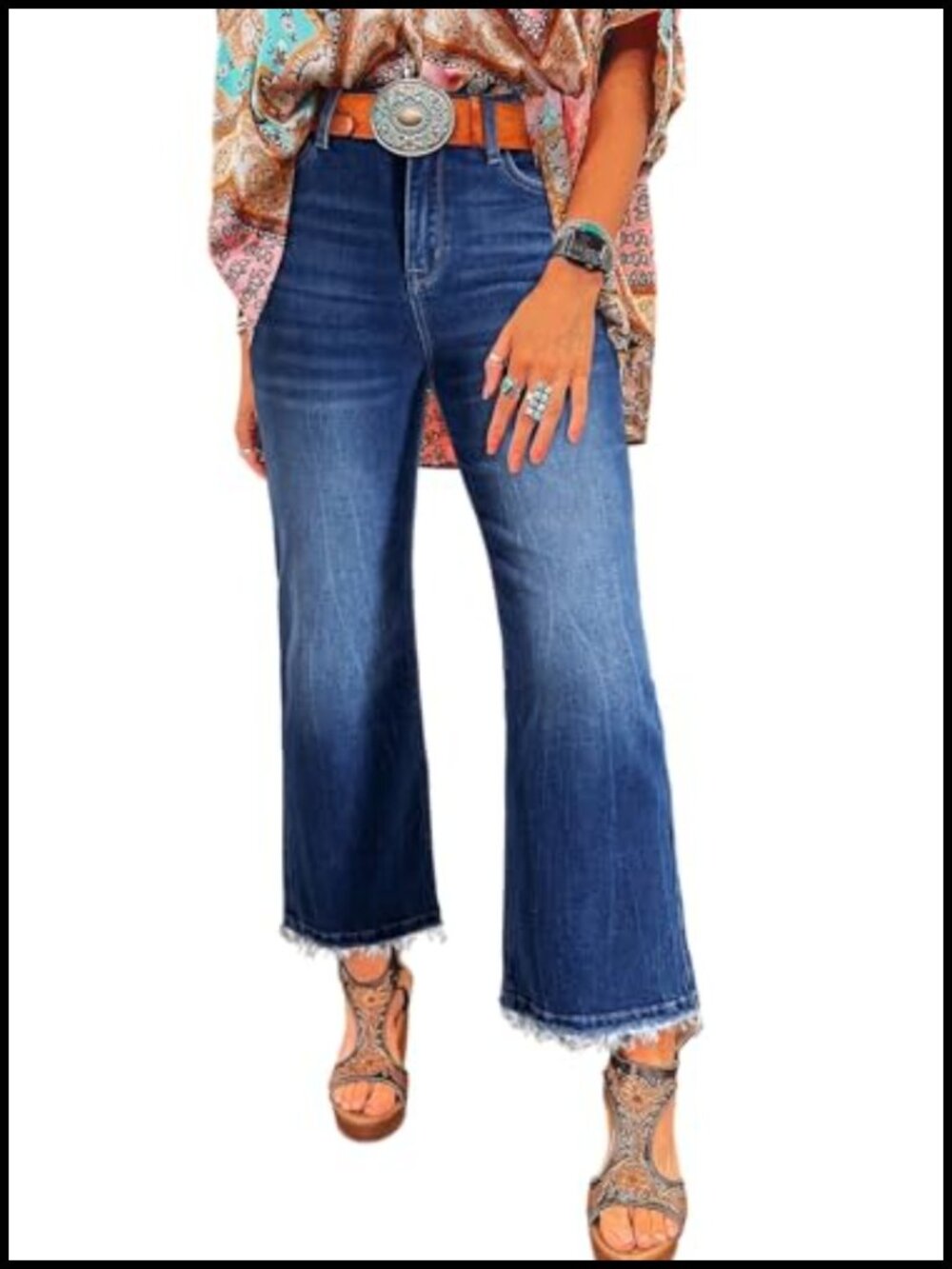 High Waisted Stretchy Flared Jeans Raw Hem Cropped Wide Leg Denim